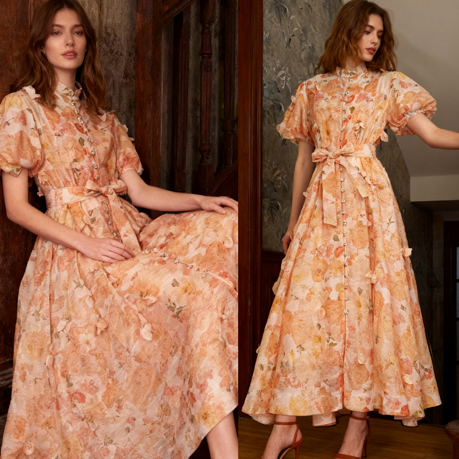 European and American elegant socialite temperament retro printed heavy three-dimensional flower stand up collar single breasted waist slimming dress European and American elegant socialite temperament retro printed heavy three-dimensional flower stand up collar single breasted waist slimming dress