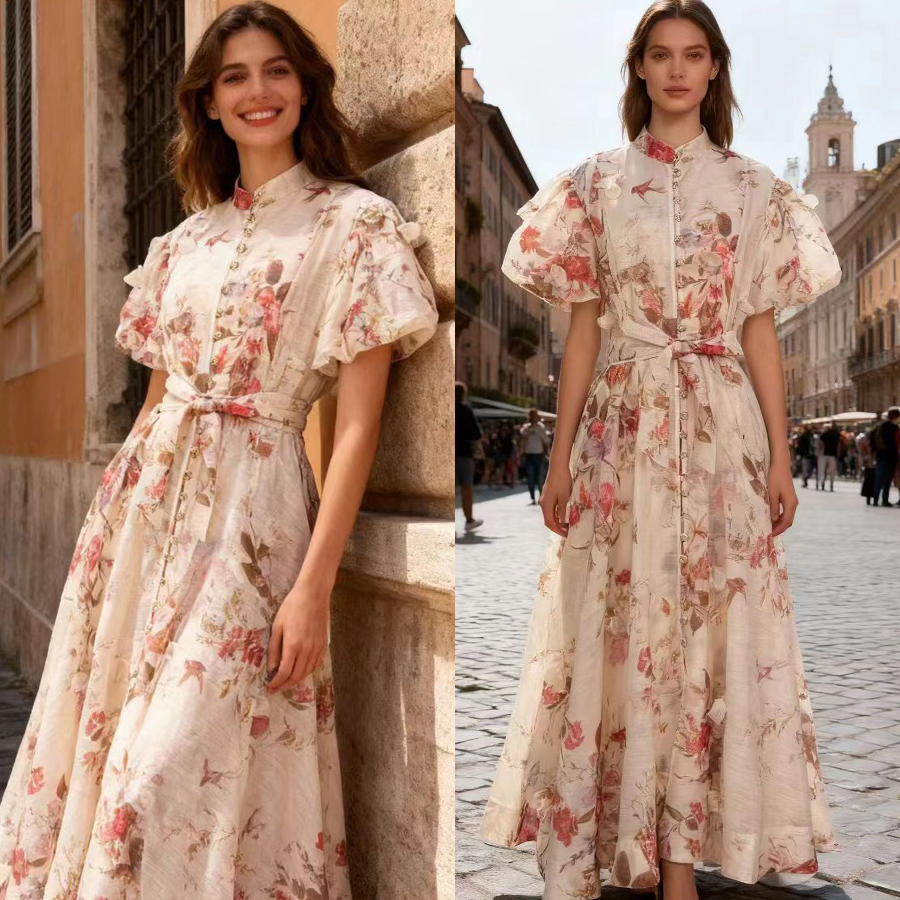 European and American elegant socialite temperament retro printed heavy three-dimensional flower stand up collar single breasted waist slimming dress European and American elegant socialite temperament retro printed heavy three-dimensional flower stand up collar single breasted waist slimming dress