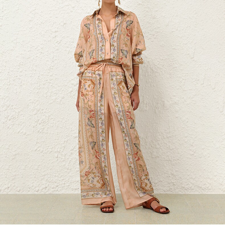 Australian Z Home Silk Texture Printed Casual Long Sleeve Collar Shirt Loose High Waist Pants Set Vacation Style Australian Z Home Silk Texture Printed Casual Long Sleeve Collar Shirt Loose High Waist Pants Set Vacation Style