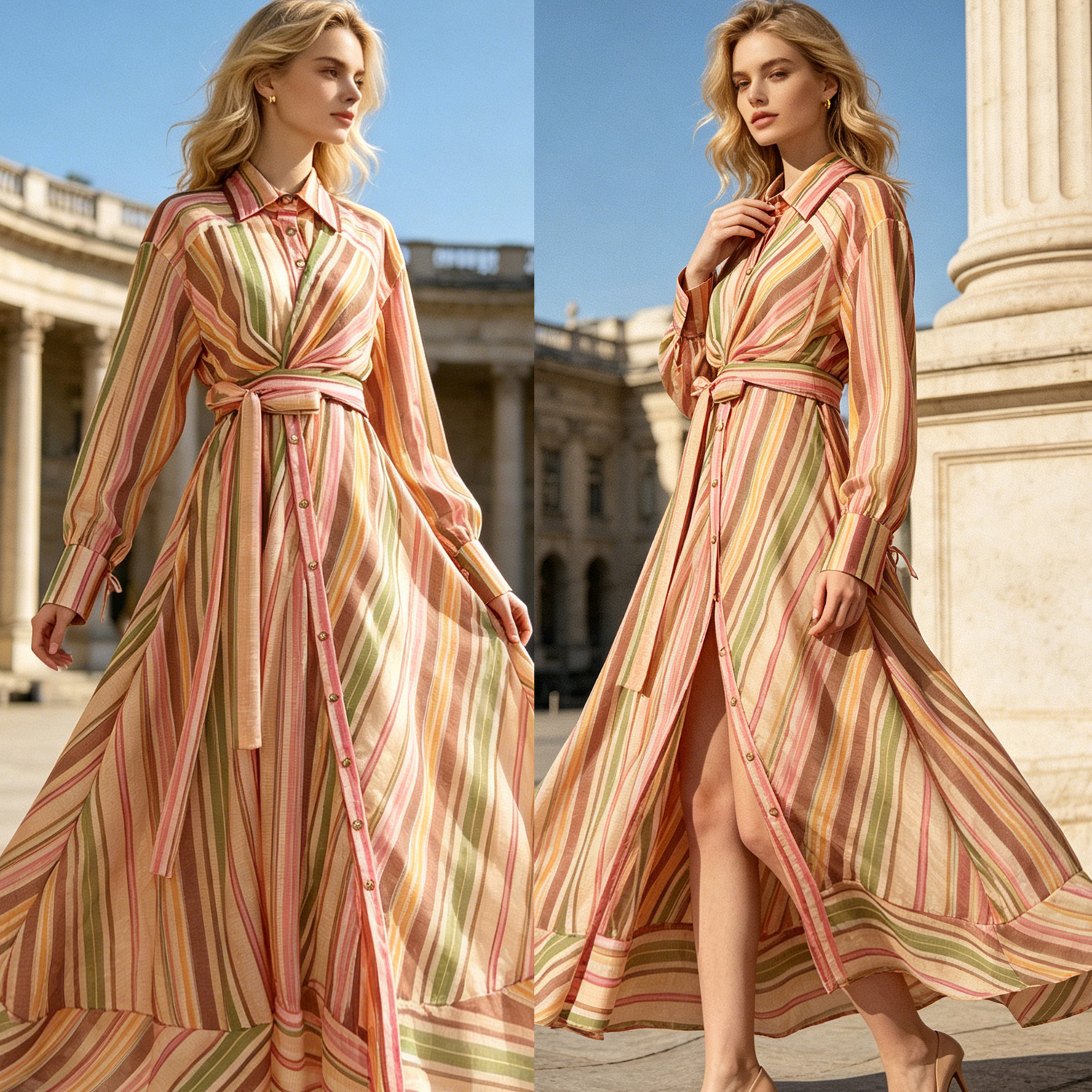 2026 Australian vacation French retro style waist cinched shirt full stripe contrasting dress long skirt star style