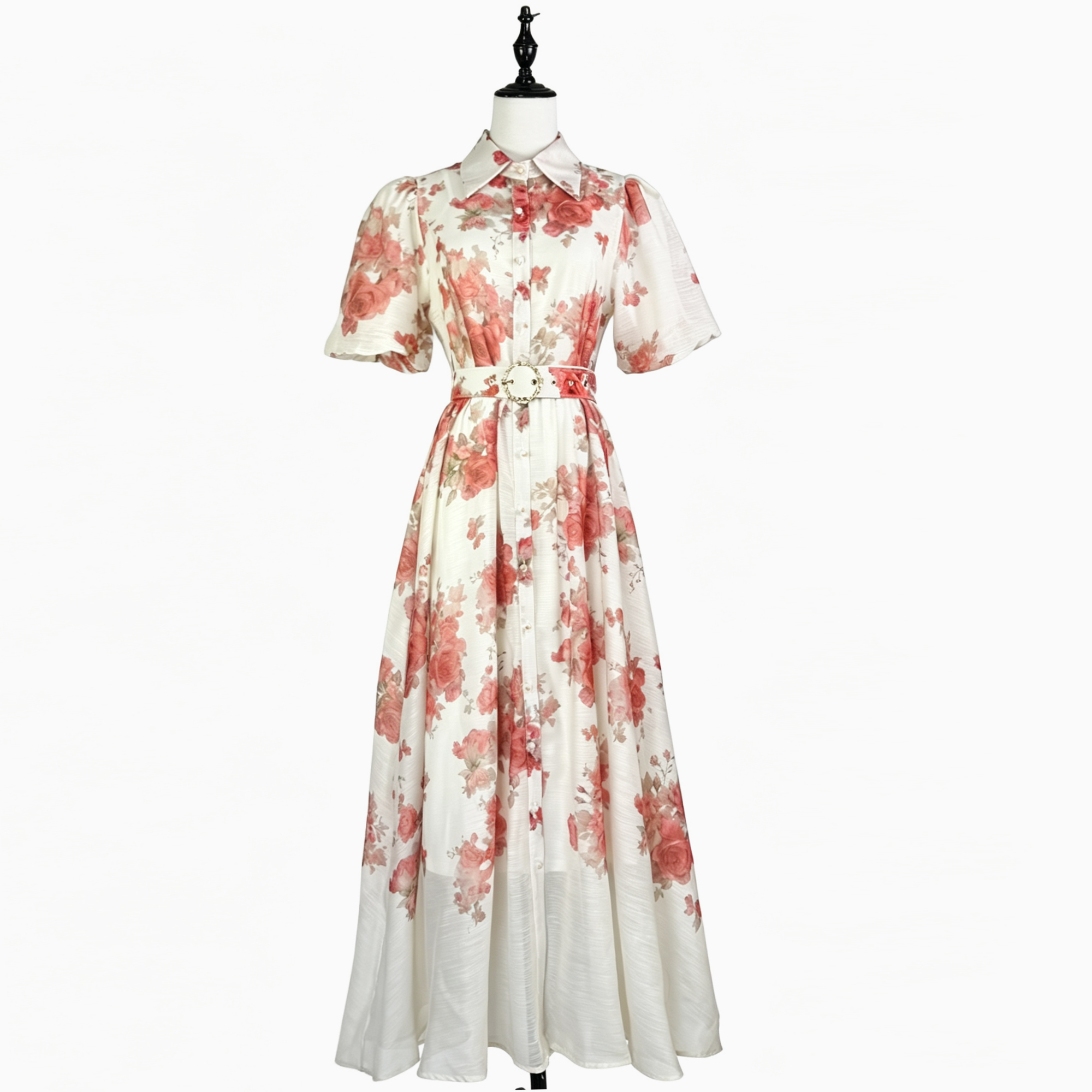 Australian retro printed elegant socialite temperament with a lapel and bubble sleeves, short sleeved summer waist slimming dress, long skirt Australian retro printed elegant socialite temperament with a lapel and bubble sleeves, short sleeved summer waist slimming dress, long skirt