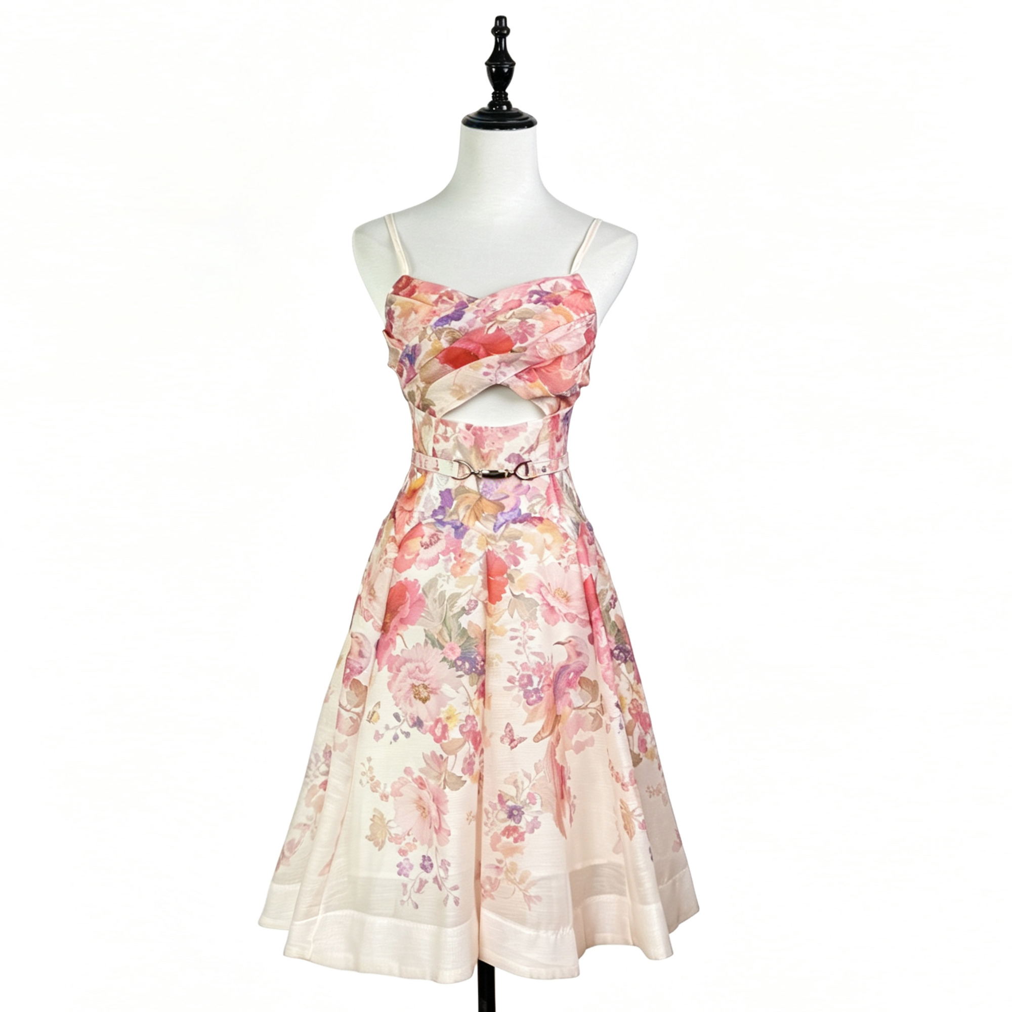 French style stunning pink printed sweet camisole dress for women in summer, hollowed out waist cinching and slimming, pleated and fluffy short skirt French style stunning pink printed sweet camisole dress for women in summer, hollowed out waist cinching and slimming, pleated and fluffy short skirt