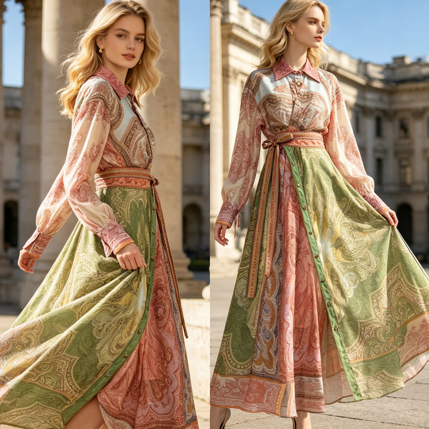 Australian vacation French court style new color block splicing lantern sleeve shirt skirt cinched waist dress long skirt