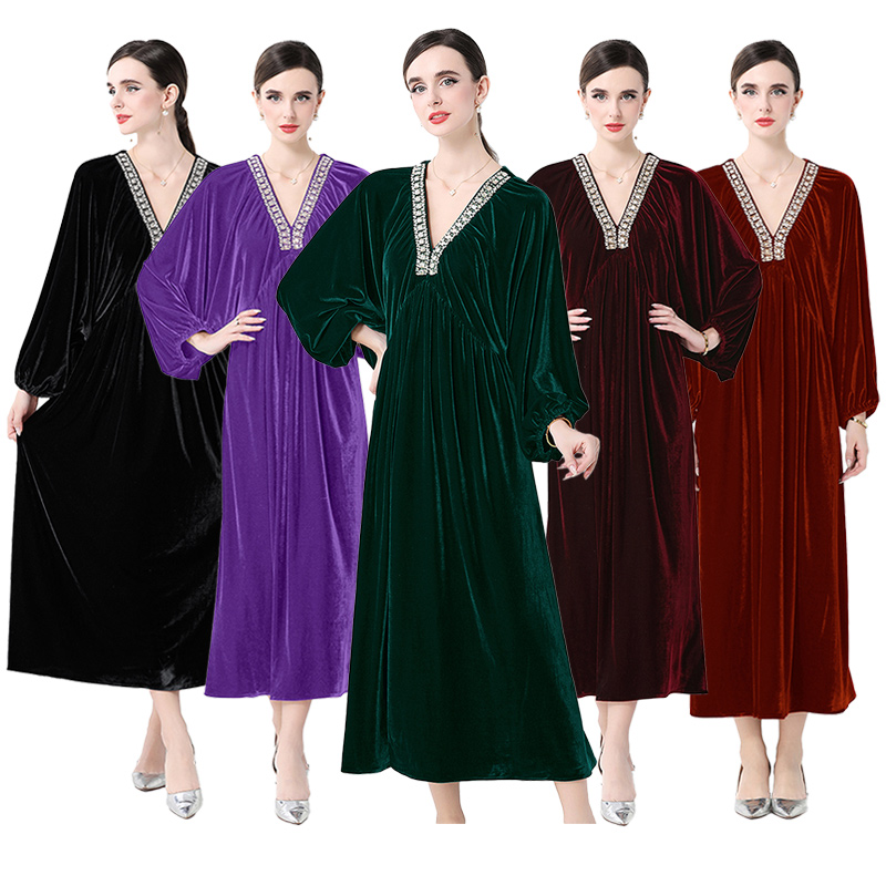 Velvet Heavy Industry Handmade Bead studded Diamond V-neck Elegant Dress