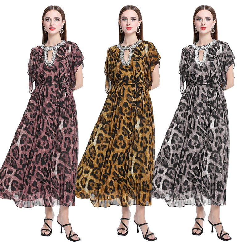 2025 European and American style heavy industry collar diamond inlaid leopard print dress