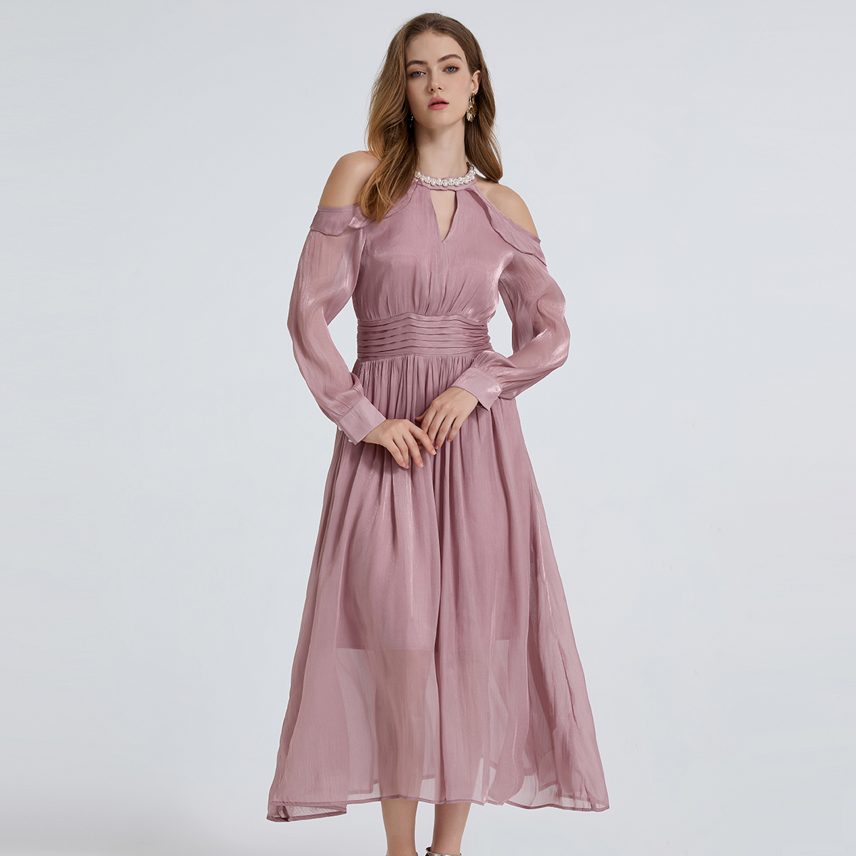 Realistic French Romantic Long Sleeve Heavy duty Nail Bead Flowing Light Off Shoulder Dress with Folding Waist Realistic French Romantic Long Sleeve Heavy duty Nail Bead Flowing Light Off Shoulder Dress with Folding Waist