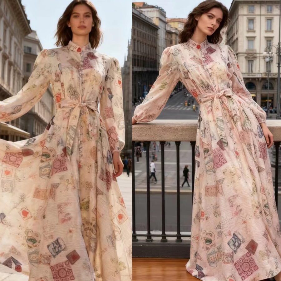 Australian retro print stand up collar lantern sleeves long sleeves heavy studded diamonds elegant socialite temperament two-piece dress long Australian retro print stand up collar lantern sleeves long sleeves heavy studded diamonds elegant socialite temperament two-piece dress long