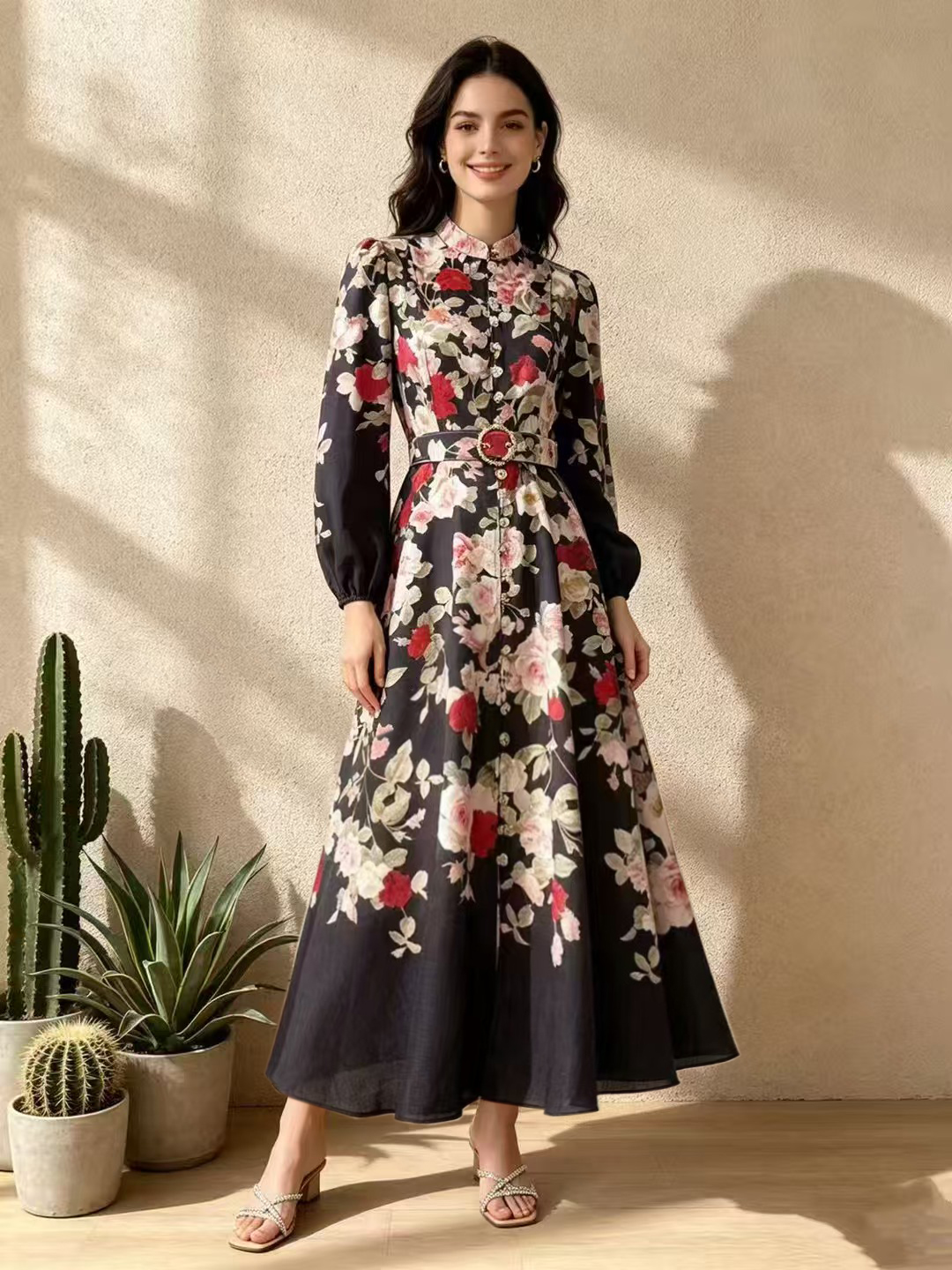 Australian new French retro style stand up collar lantern sleeve single breasted printed dress, four season new long skirt Australian new French retro style stand up collar lantern sleeve single breasted printed dress, four season new long skirt