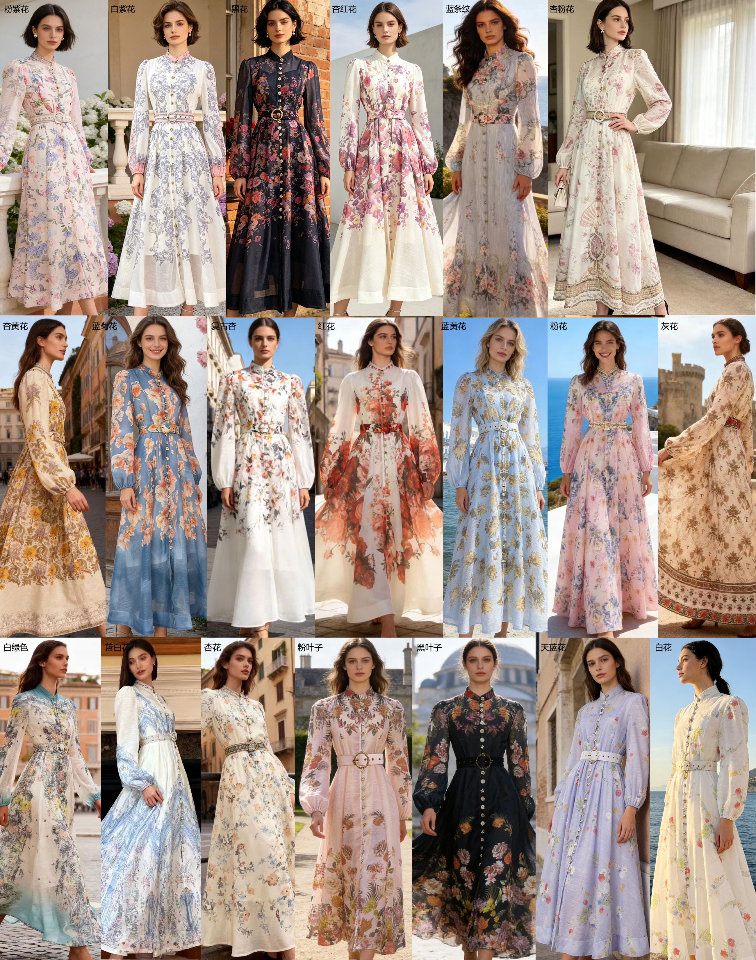 French high-end two-piece dress with retro print stand up collar lantern sleeves and waist cinching big swing dress, long skirt French high-end two-piece dress with retro print stand up collar lantern sleeves and waist cinching big swing dress, long skirt