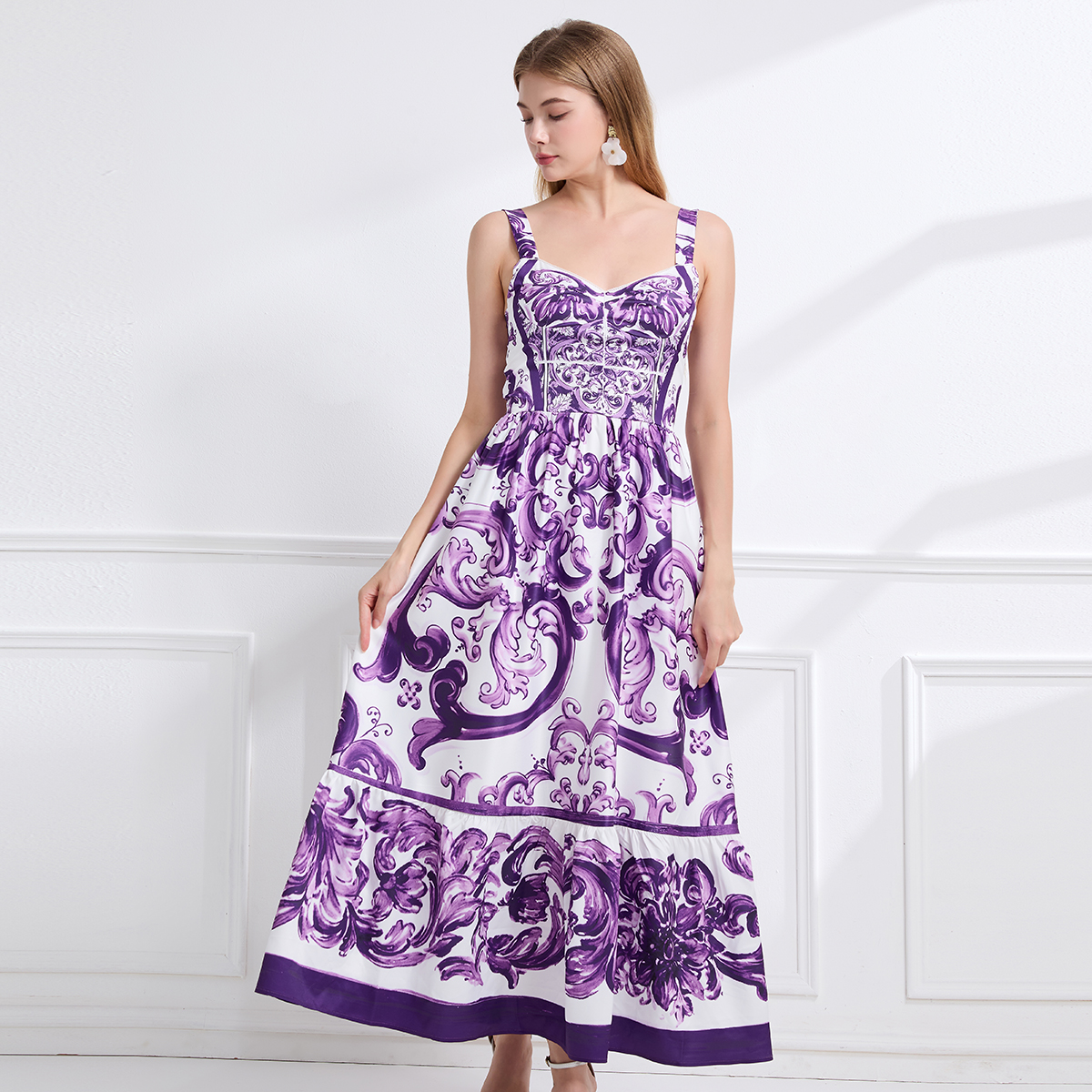 Real time fashion print positioning sling slim fit waist dress with elastic A-line skirt at the back Real time fashion print positioning sling slim fit waist dress with elastic A-line skirt at the back