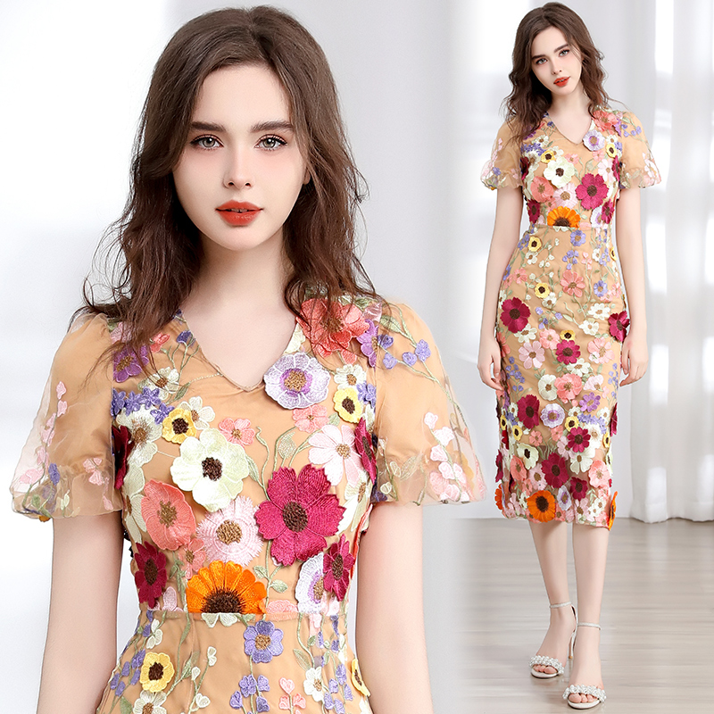 Real shot 774 # Heavy Industry Embroidery 3D Stickers Summer Elegant Bubble Sleeve Dress V-neck Split Dress