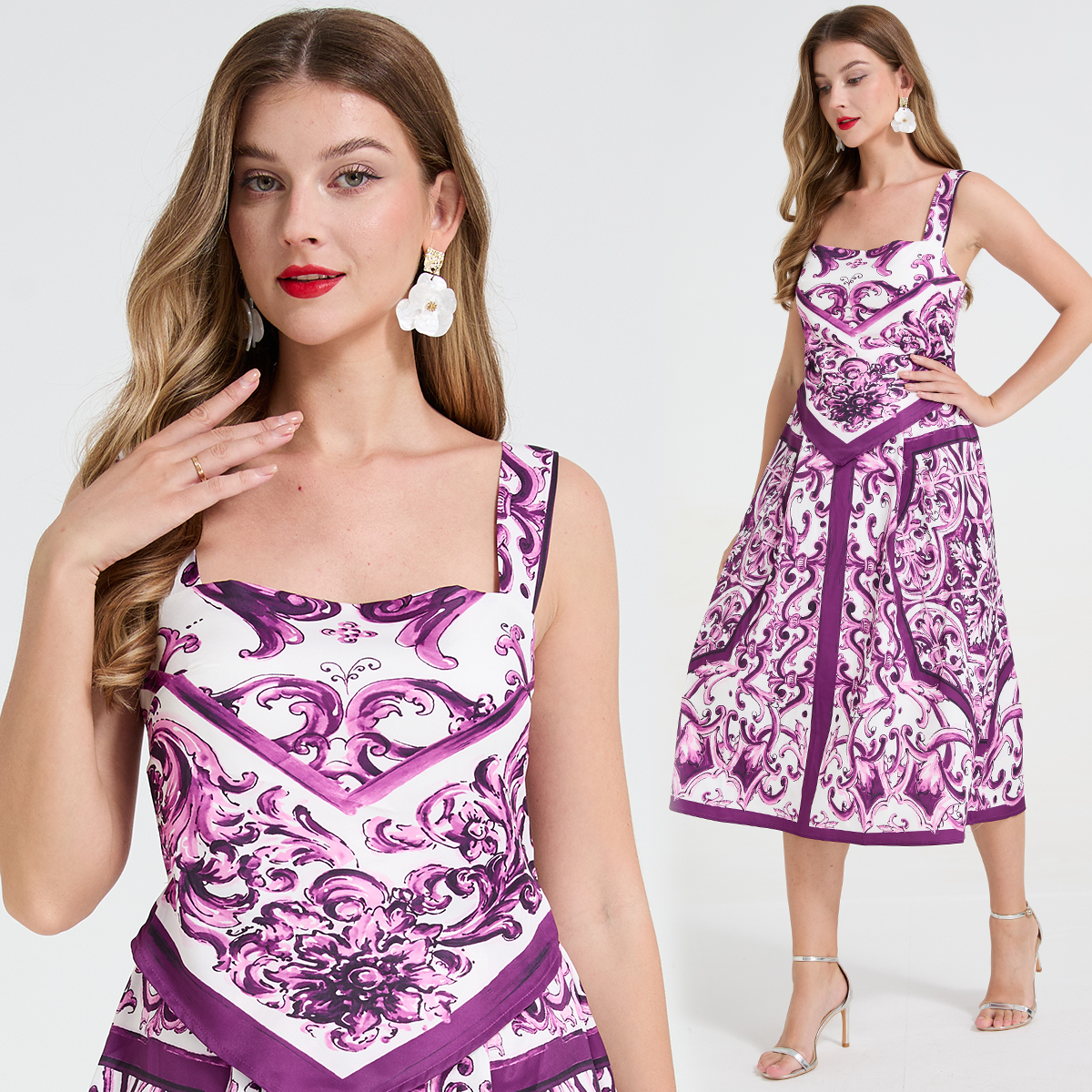 Realistic Baroque style printed positioning fake 2-piece camisole skirt with waist cinching and large swing style dress