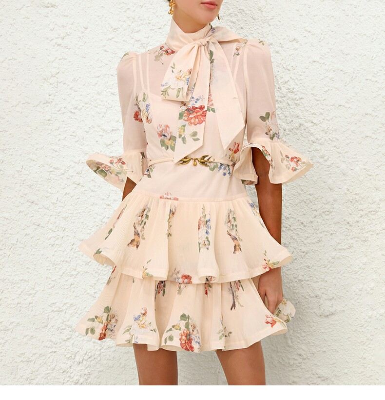 Australian light luxury 2026 autumn ready to wear new cream colored floral and bird print pleated short dress cake skirt Australian light luxury 2026 autumn ready to wear new cream colored floral and bird print pleated short dress cake skirt