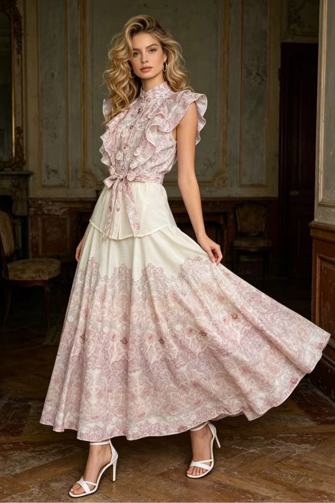 Elegant temperament two-piece dress set from Z Australia, heavy industry flower sleeveless ruffled shirt+high waisted skirt Elegant temperament two-piece dress set from Z Australia, heavy industry flower sleeveless ruffled shirt+high waisted skirt