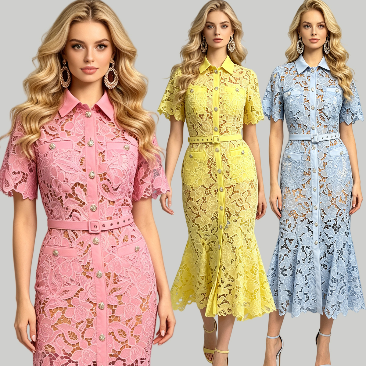 Summer New Product: High end Water soluble Three dimensional Scissors Shirt, Collar, High waisted Dress, Hip Wrapping, Slimming Fishtail Skirt