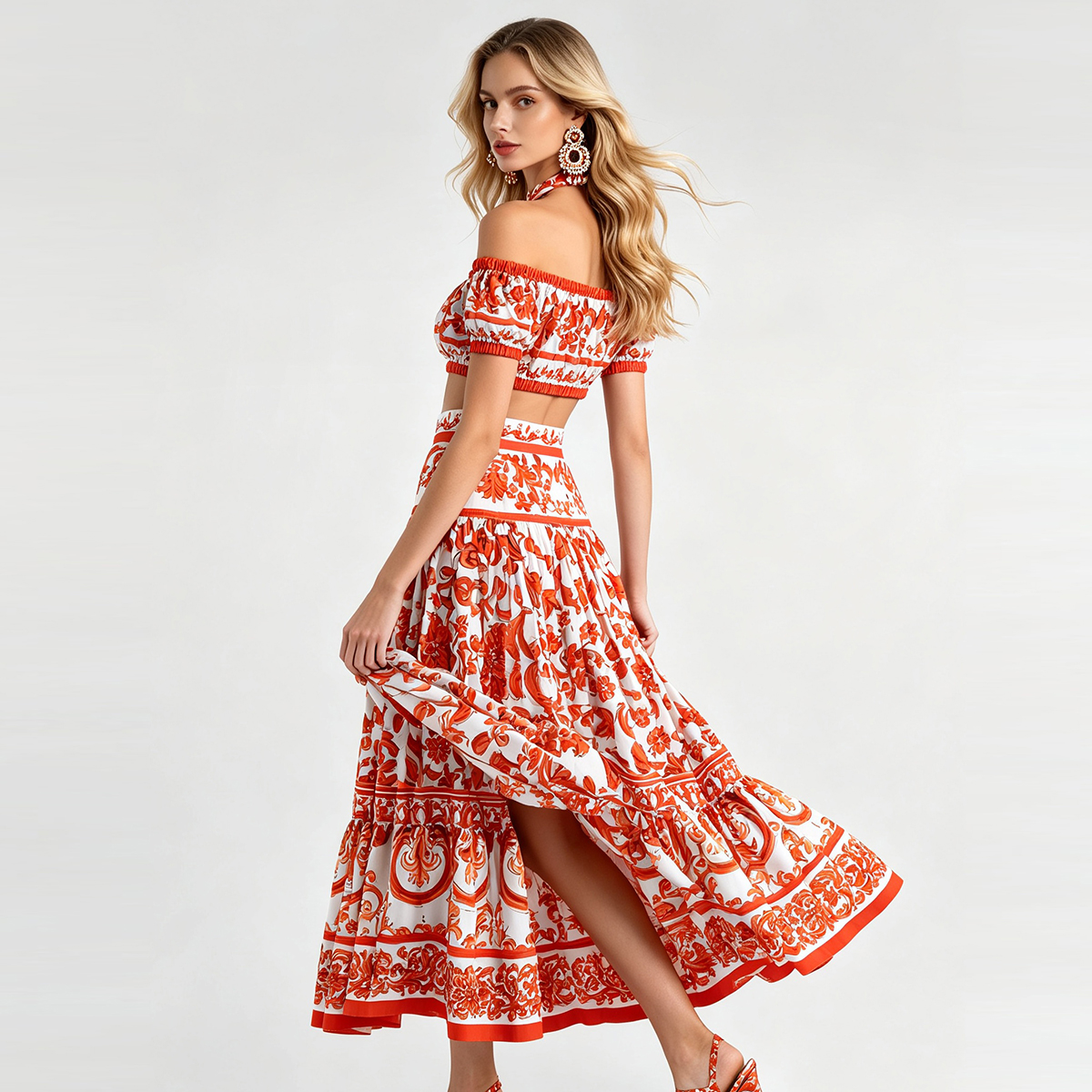 One neck off shoulder short strapless top+high waisted skirt two-piece fashionable set One neck off shoulder short strapless top+high waisted skirt two-piece fashionable set
