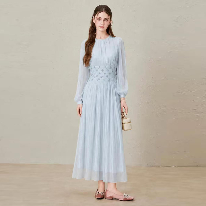 2026 glossy bubble long sleeved diamond grid nail drill waist pleated long skirt 2026 glossy bubble long sleeved diamond grid nail drill waist pleated long skirt