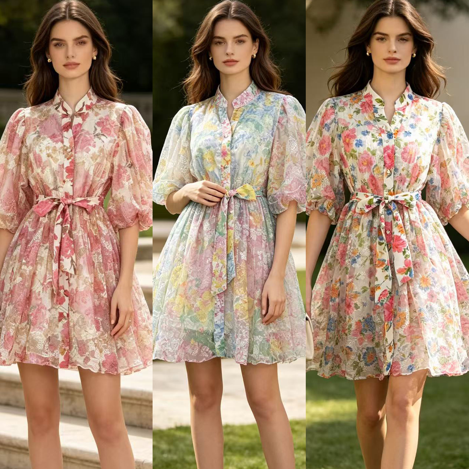 French court style heavy industry embroidery lace flower bubble sleeve single breasted waist slimming dress short skirt for women