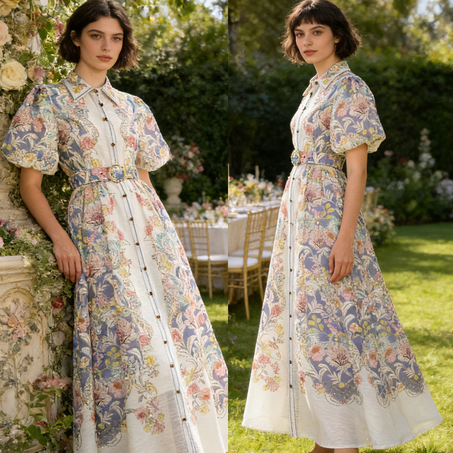 Australian retro printed elegant socialite temperament with a lapel and bubble sleeves, short sleeved summer waist slimming dress, long skirt Australian retro printed elegant socialite temperament with a lapel and bubble sleeves, short sleeved summer waist slimming dress, long skirt