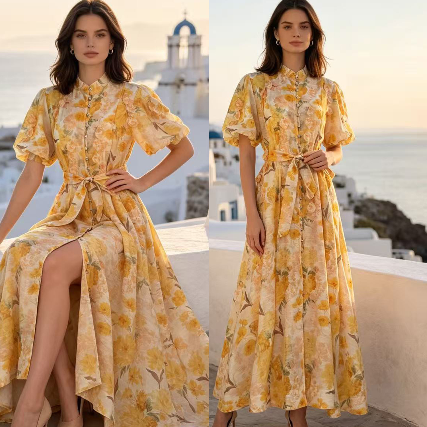 Australian summer new retro printed stand up collar single breasted heavy industry handmade flower decoration large swing dress long skirt Australian summer new retro printed stand up collar single breasted heavy industry handmade flower decoration large swing dress long skirt