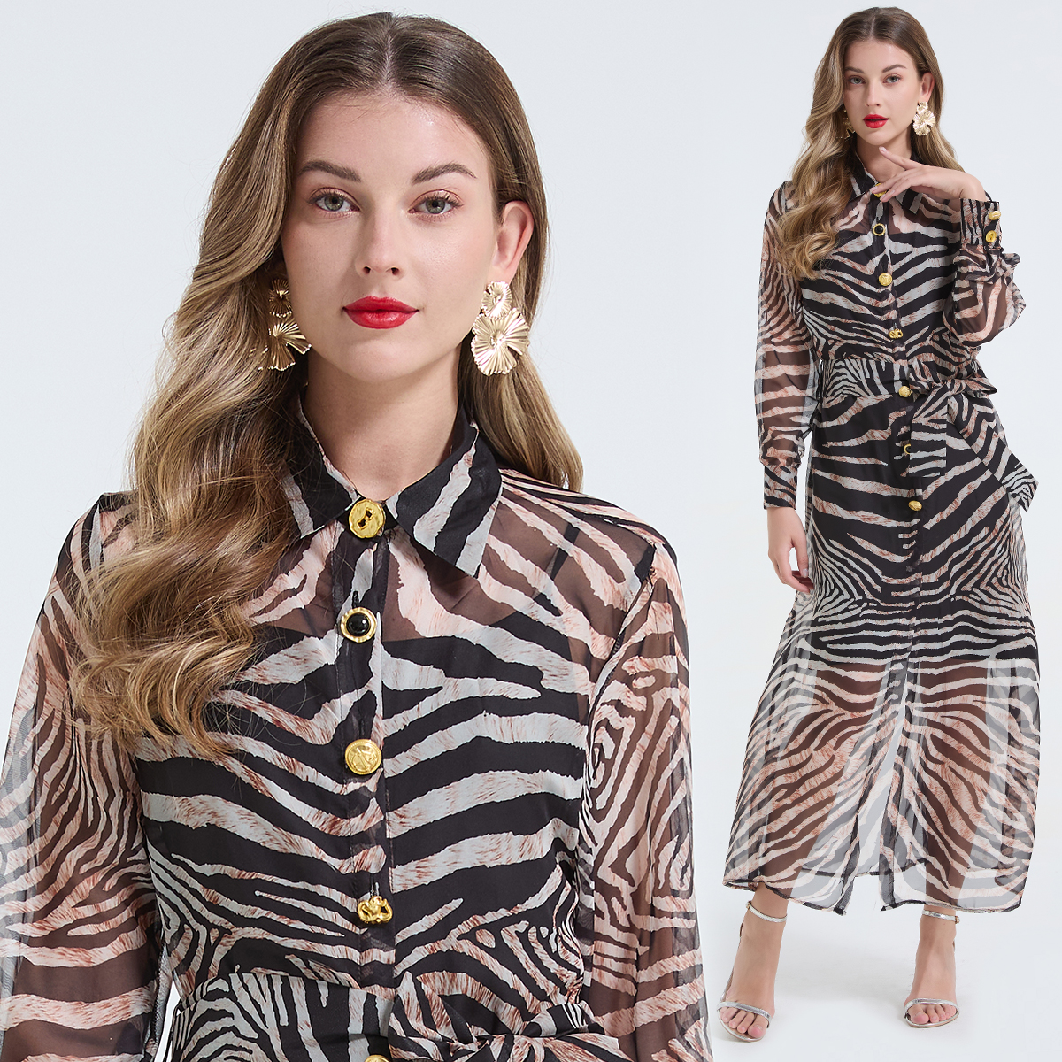 Real shot of European and American socialites with exquisite patterns, metal buckle straps, waist cinching, leopard print dress, Tencel shirt, long sleeved skirt