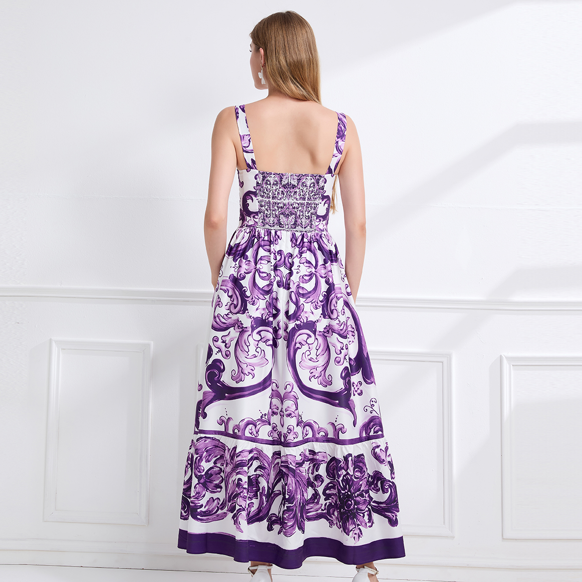 Real time fashion print positioning sling slim fit waist dress with elastic A-line skirt at the back Real time fashion print positioning sling slim fit waist dress with elastic A-line skirt at the back