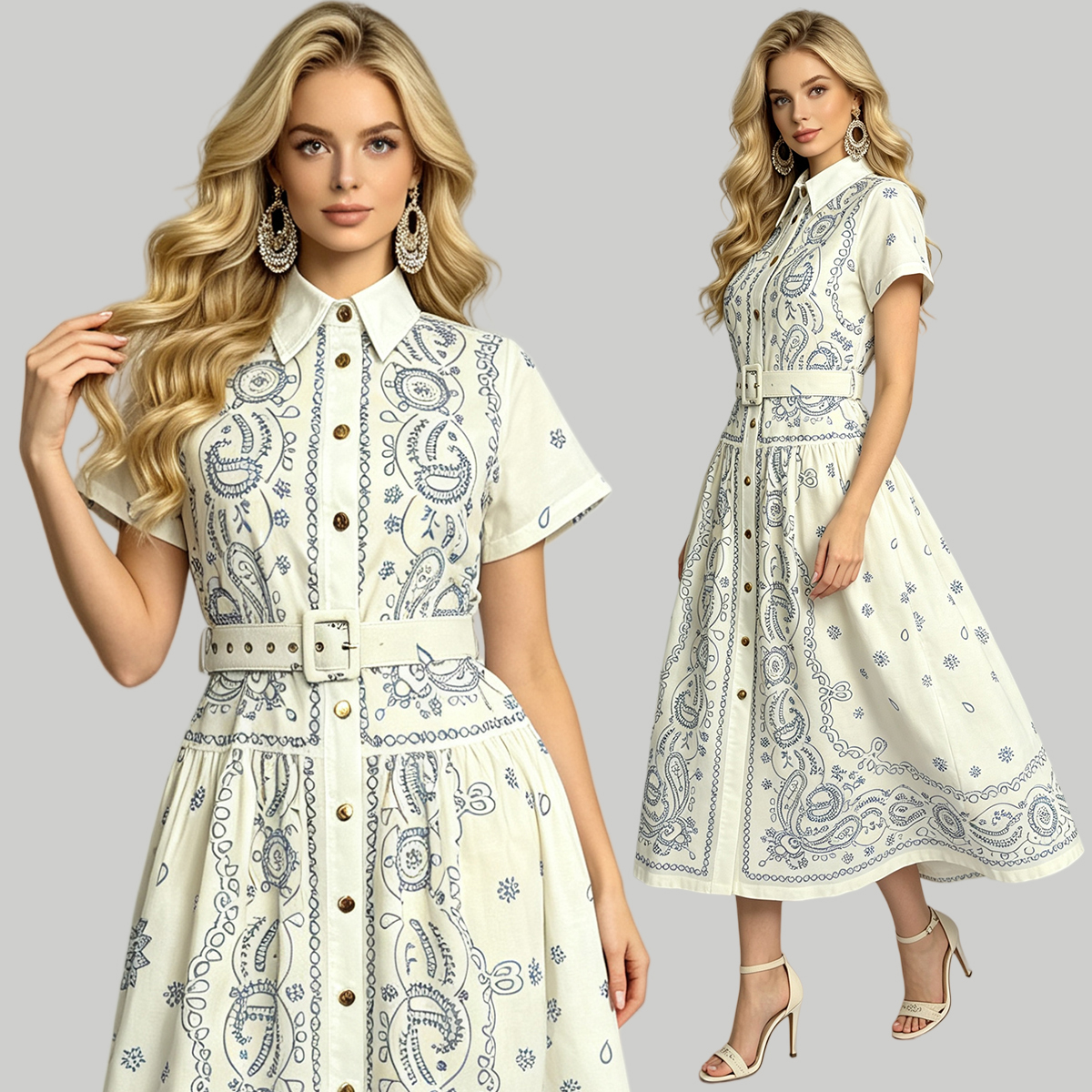 Summer print positioning shirt collar short sleeved slim fit high waisted cotton and linen dress simple long A-line skirt