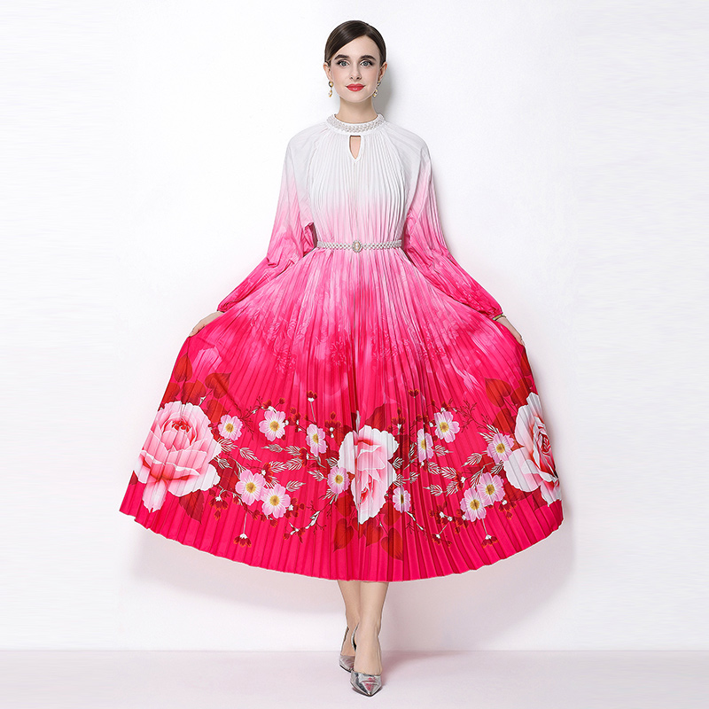 Original 2026 high-end nail bead positioning printed pleated pearl buckle pleated long skirt Original 2026 high-end nail bead positioning printed pleated pearl buckle pleated long skirt