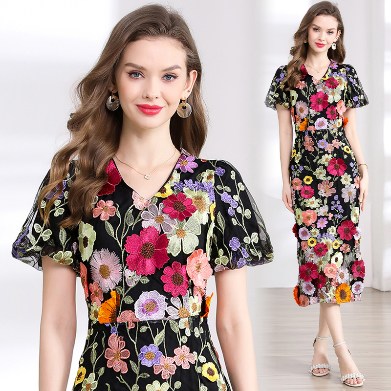 Real shot 774 # Heavy Industry Embroidery 3D Stickers Summer Elegant Bubble Sleeve Dress V-neck Split Dress
