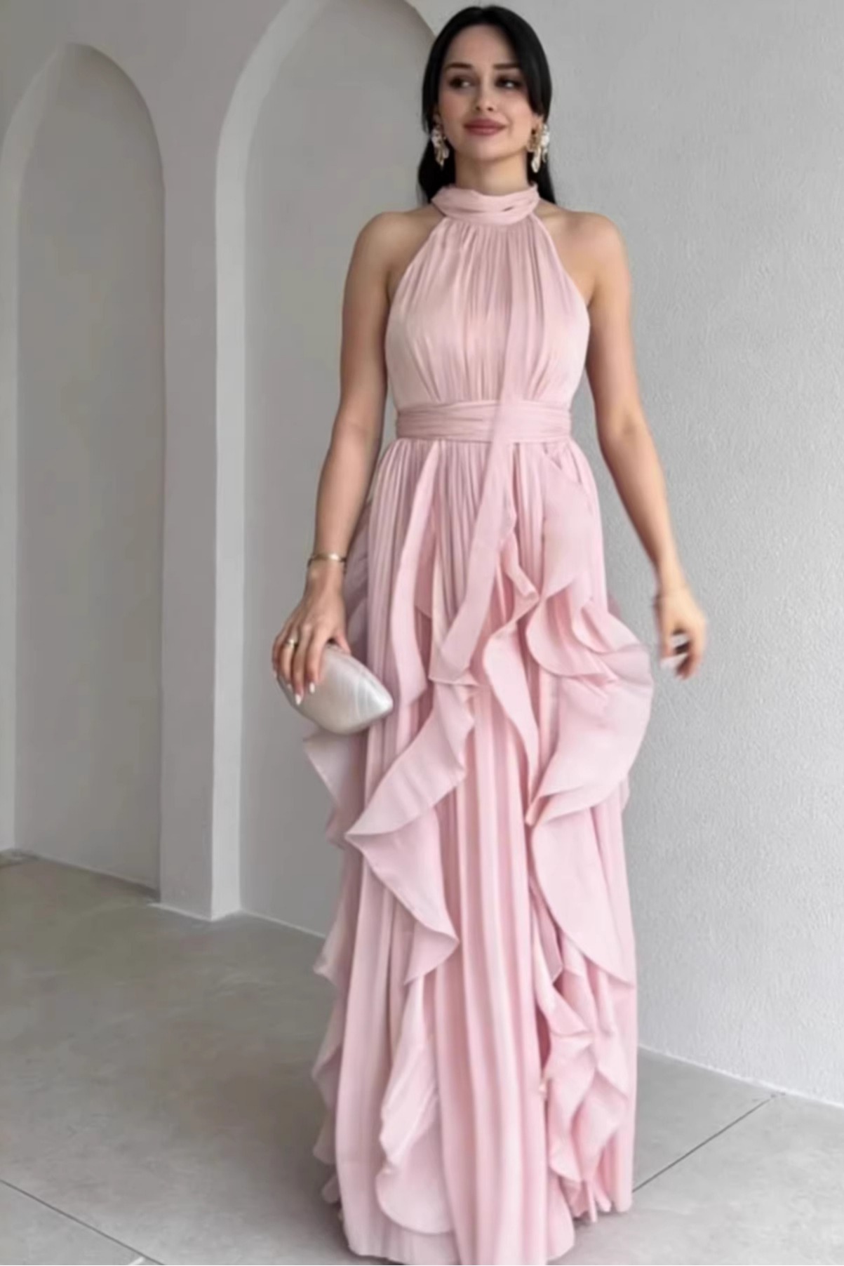 French retro style summer sleeveless flower decoration with ruffled edges, waist cinching, big swing dress, long skirt, flowing long skirt French retro style summer sleeveless flower decoration with ruffled edges, waist cinching, big swing dress, long skirt, flowing long skirt