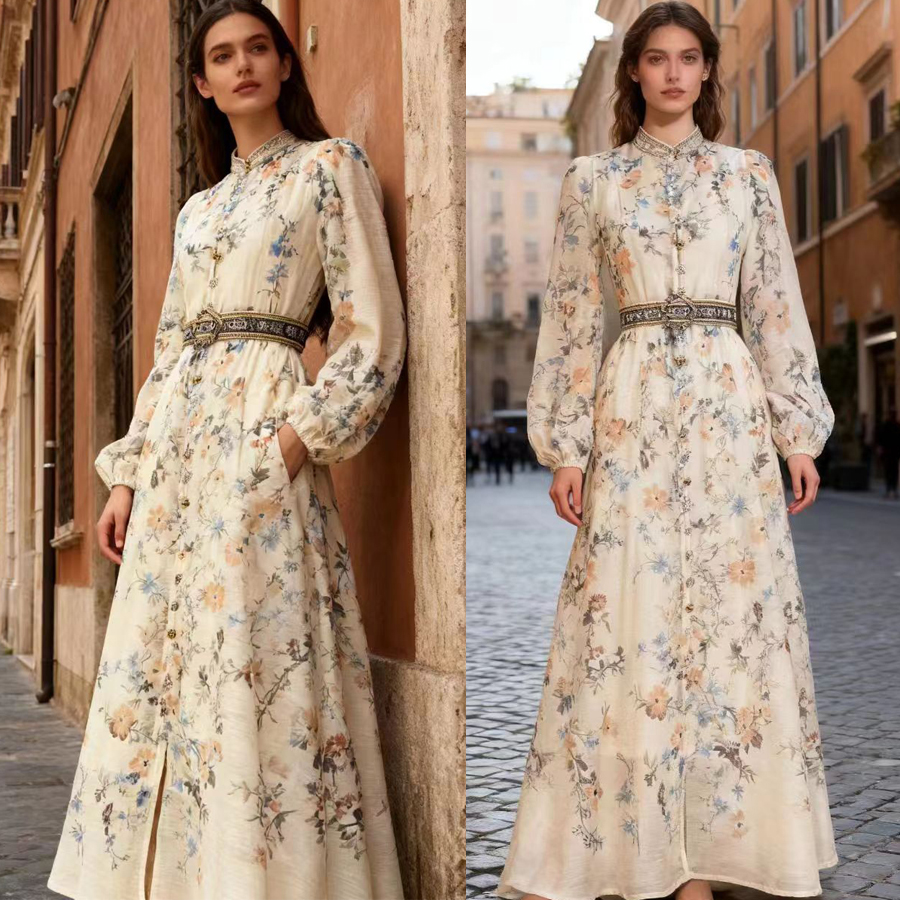 French high-end two-piece dress with retro print stand up collar lantern sleeves and waist cinching big swing dress, long skirt French high-end two-piece dress with retro print stand up collar lantern sleeves and waist cinching big swing dress, long skirt