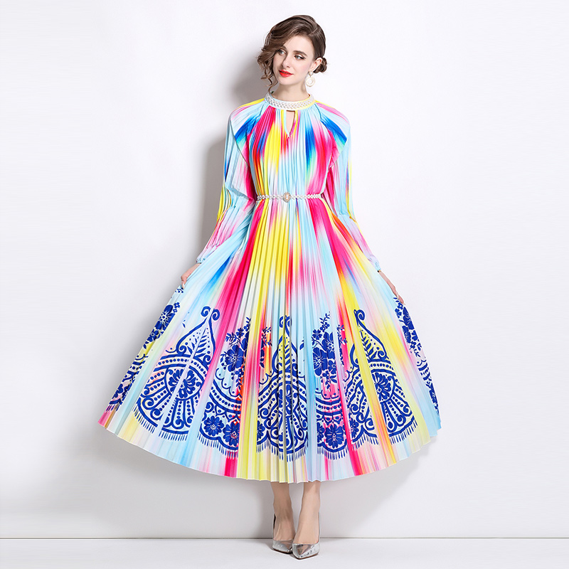 Original 2026 high-end nail bead positioning printed pleated pearl buckle pleated long skirt Original 2026 high-end nail bead positioning printed pleated pearl buckle pleated long skirt