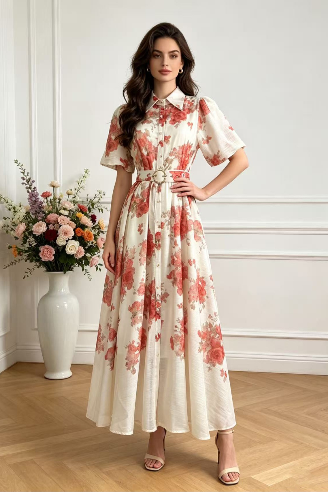 Australian retro printed elegant socialite temperament with a lapel and bubble sleeves, short sleeved summer waist slimming dress, long skirt Australian retro printed elegant socialite temperament with a lapel and bubble sleeves, short sleeved summer waist slimming dress, long skirt