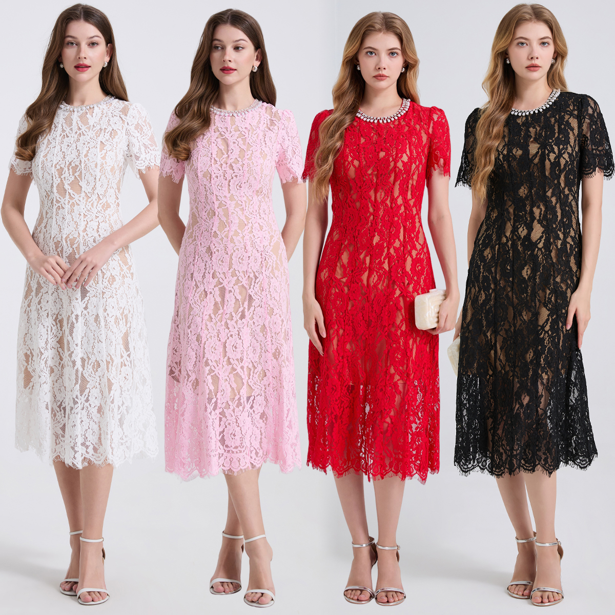 4-color spring/summer new elastic lace pearl diamond round neck short sleeved dress slim fit A-line skirt
