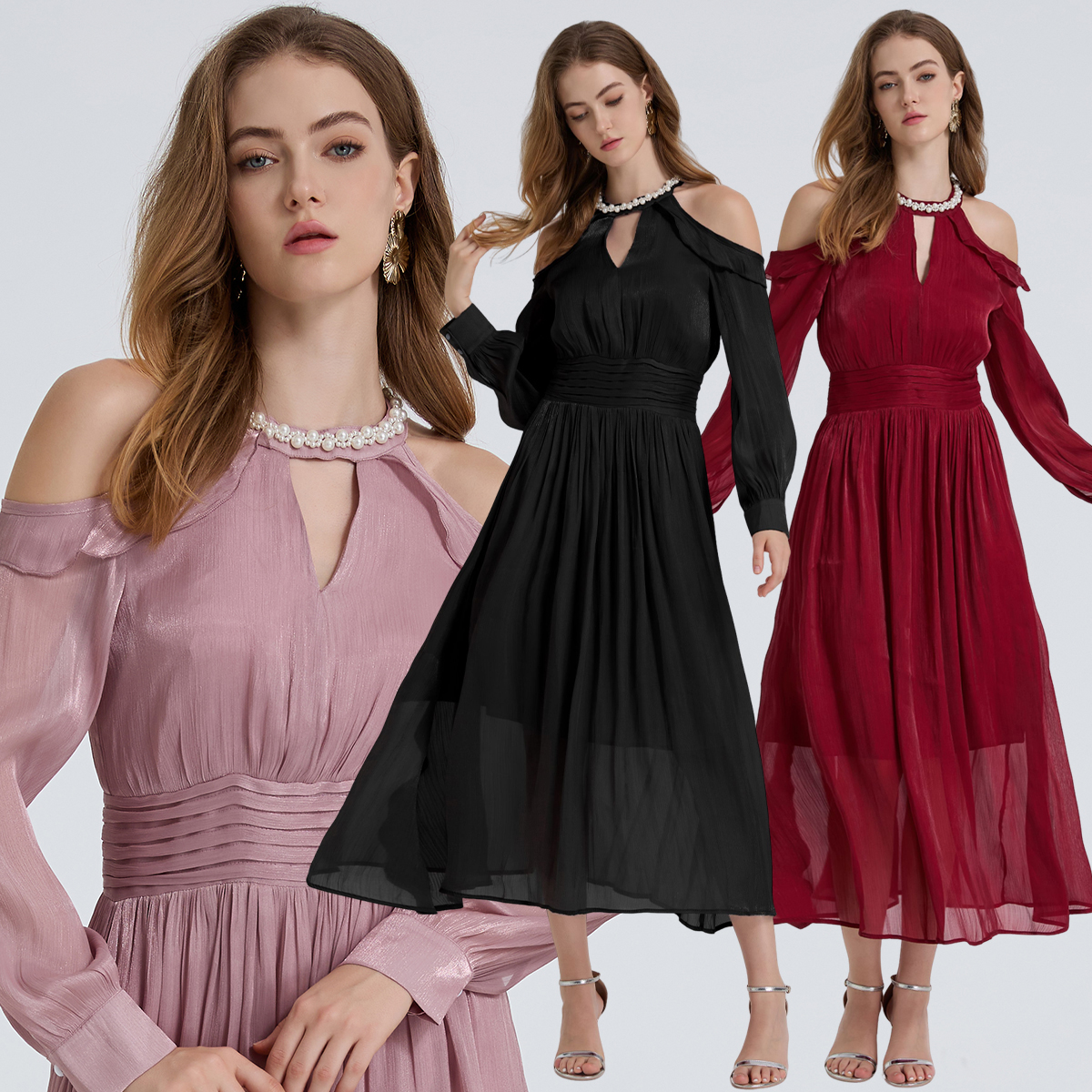 Realistic French Romantic Long Sleeve Heavy duty Nail Bead Flowing Light Off Shoulder Dress with Folding Waist