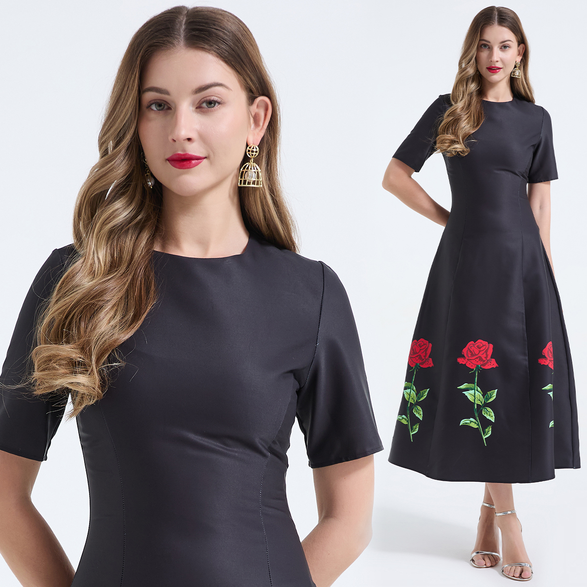 Realistic shooting of European and American style round neck rose print short sleeved slim fit dress with waist cinching dress