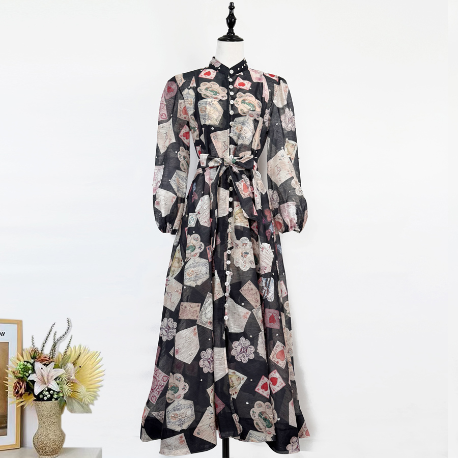 Australian retro print stand up collar lantern sleeves long sleeves heavy studded diamonds elegant socialite temperament two-piece dress long Australian retro print stand up collar lantern sleeves long sleeves heavy studded diamonds elegant socialite temperament two-piece dress long