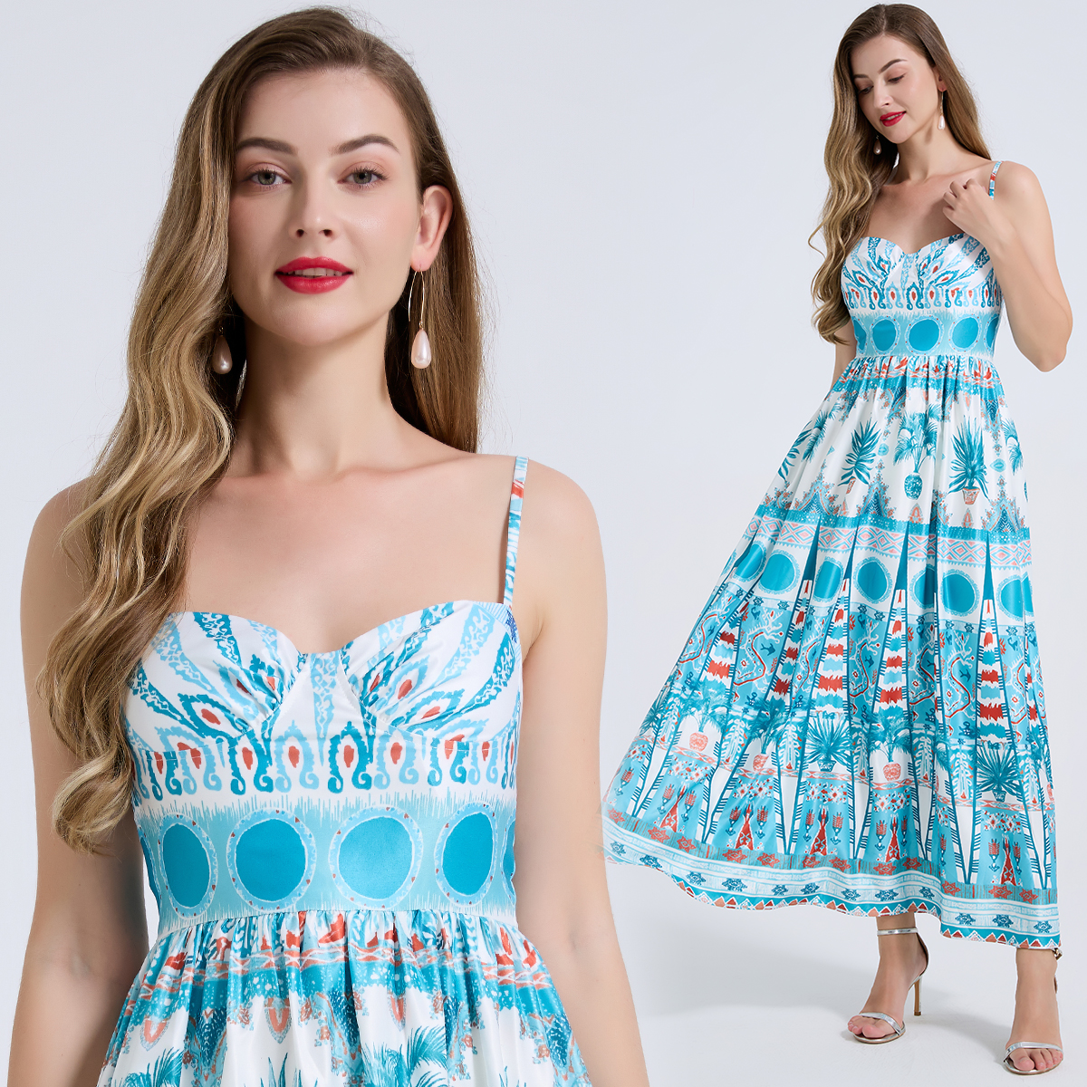 Realistic shooting of niche printed three-dimensional strapless high waisted slim fit dress with waist cinching and large swing A-line skirt