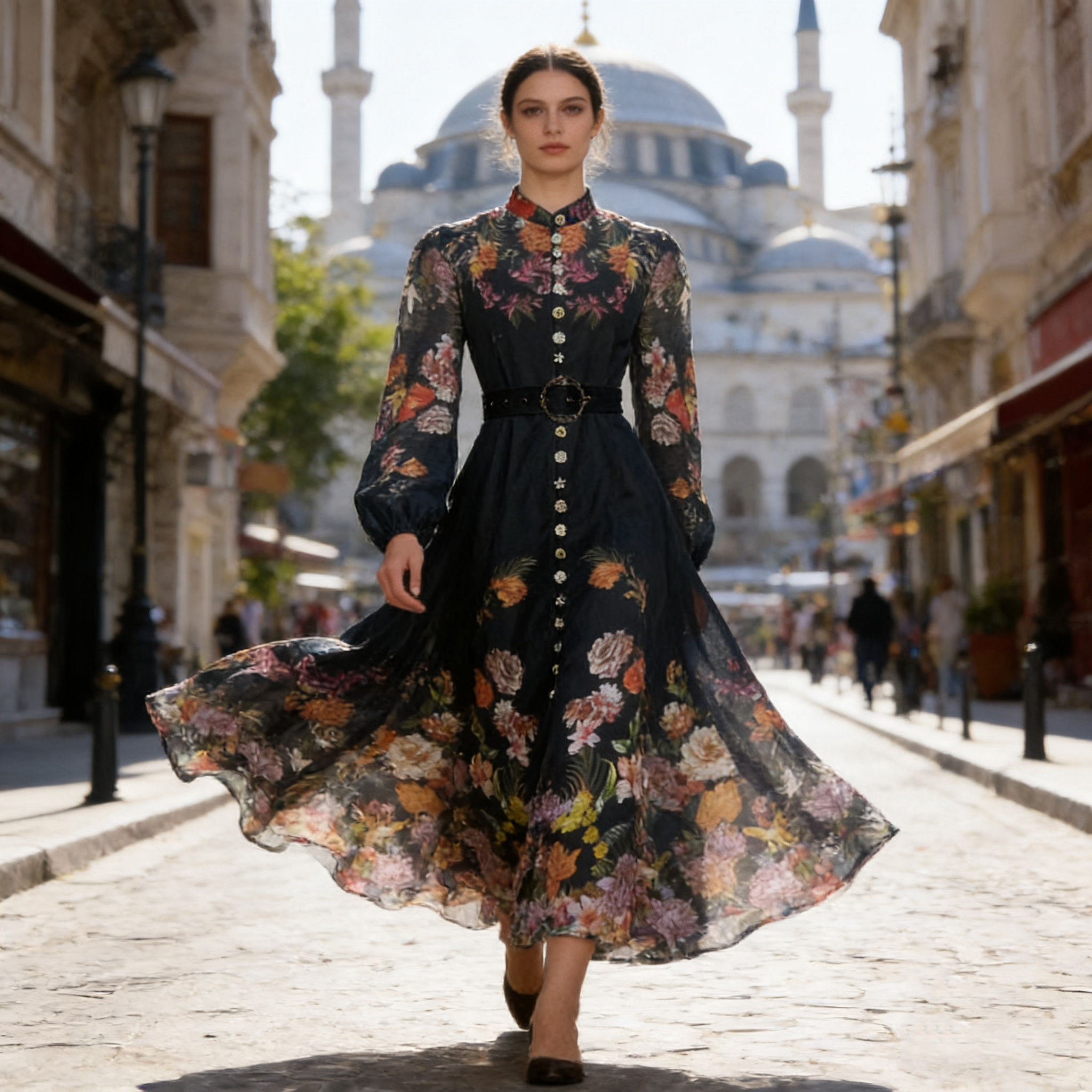 French high-end two-piece dress with retro print stand up collar lantern sleeves and waist cinching big swing dress, long skirt French high-end two-piece dress with retro print stand up collar lantern sleeves and waist cinching big swing dress, long skirt
