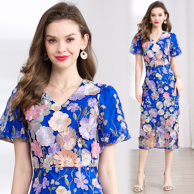 Real shot 774 # Heavy Industry Embroidery 3D Stickers Summer Elegant Bubble Sleeve Dress V-neck Split Dress
