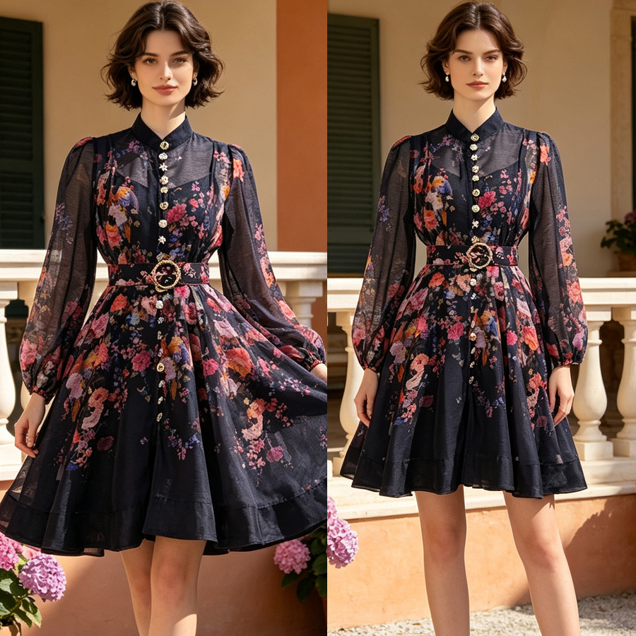 Australian new elegant retro positioning printed stand up collar single breasted waist slimming dress short skirt umbrella skirt Australian new elegant retro positioning printed stand up collar single breasted waist slimming dress short skirt umbrella skirt
