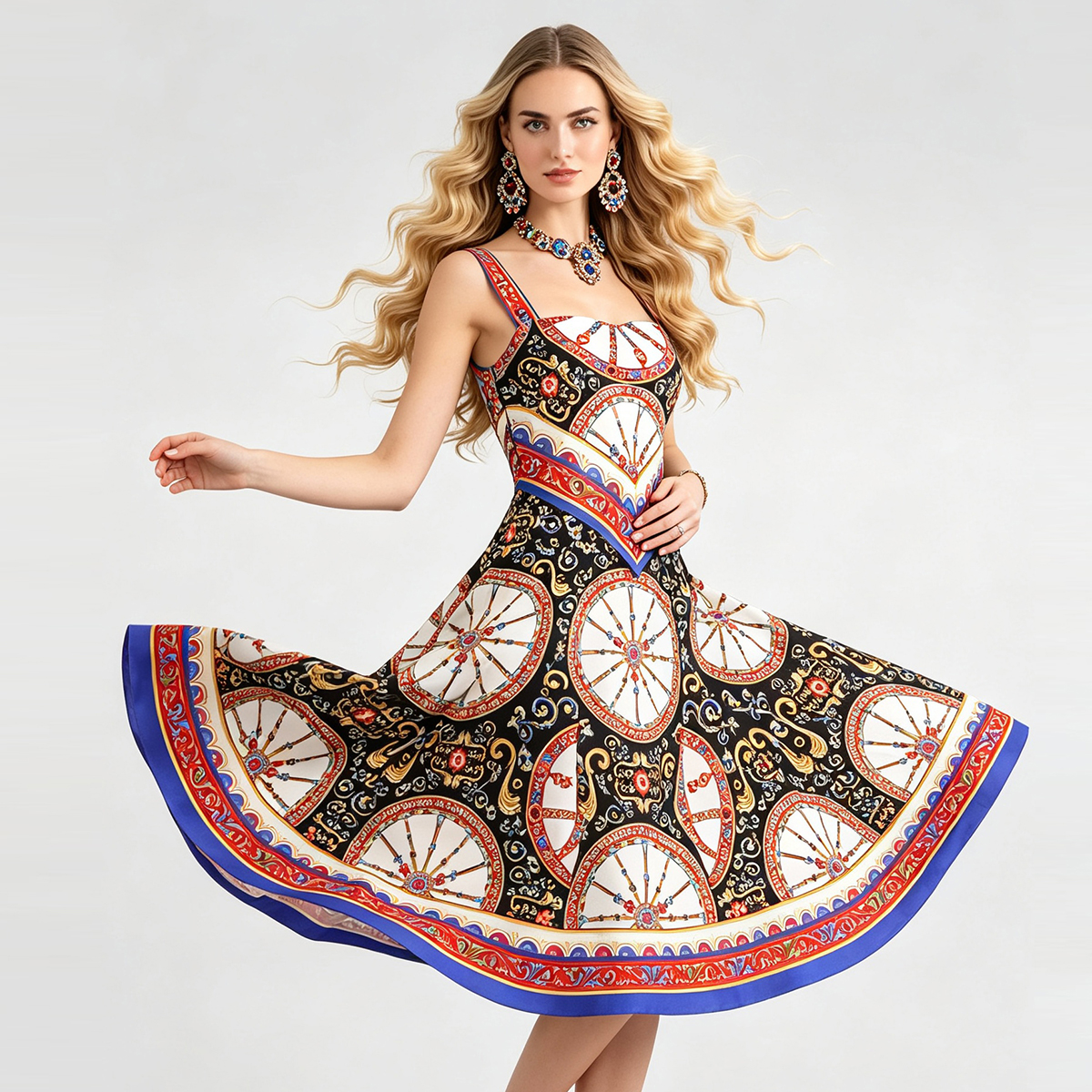 Baroque style printed positioning fake 2-piece camisole skirt with waist cinching and large swing style dress Baroque style printed positioning fake 2-piece camisole skirt with waist cinching and large swing style dress