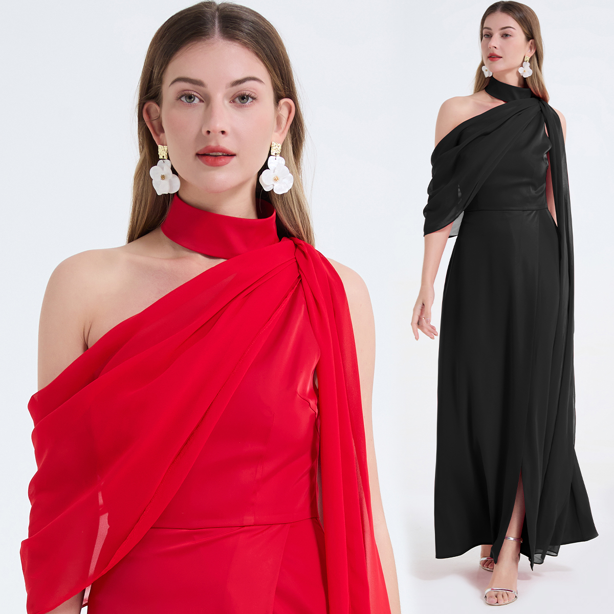 Real shot sexy slanted shoulder patchwork hanging neck high waist slit dress with elegant temperament slit dress
