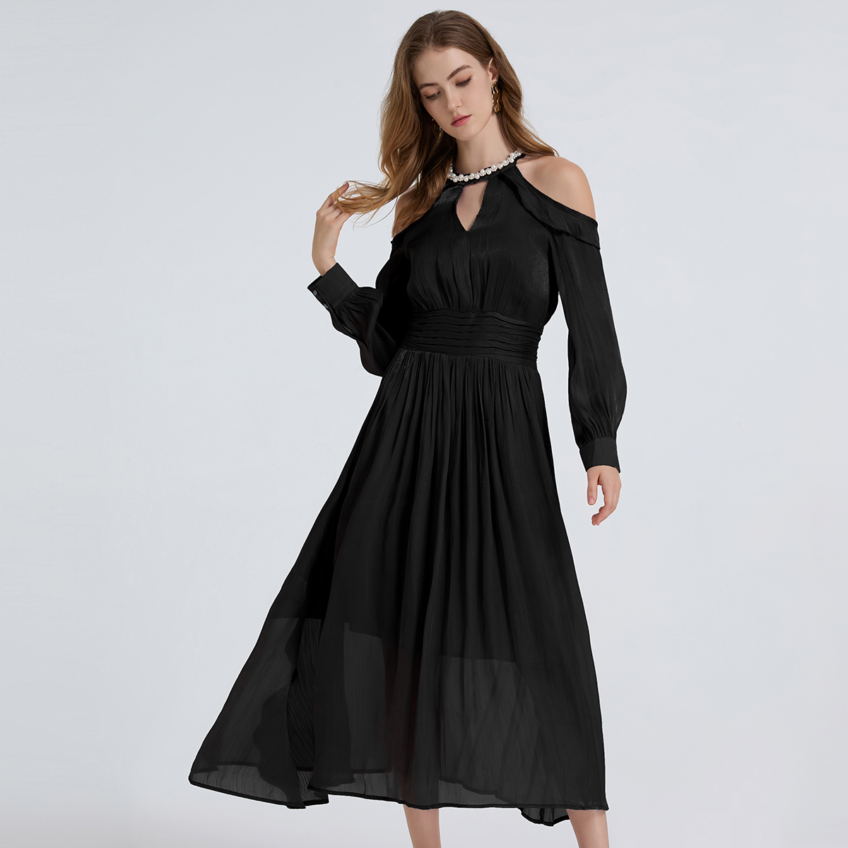 Realistic French Romantic Long Sleeve Heavy duty Nail Bead Flowing Light Off Shoulder Dress with Folding Waist Realistic French Romantic Long Sleeve Heavy duty Nail Bead Flowing Light Off Shoulder Dress with Folding Waist