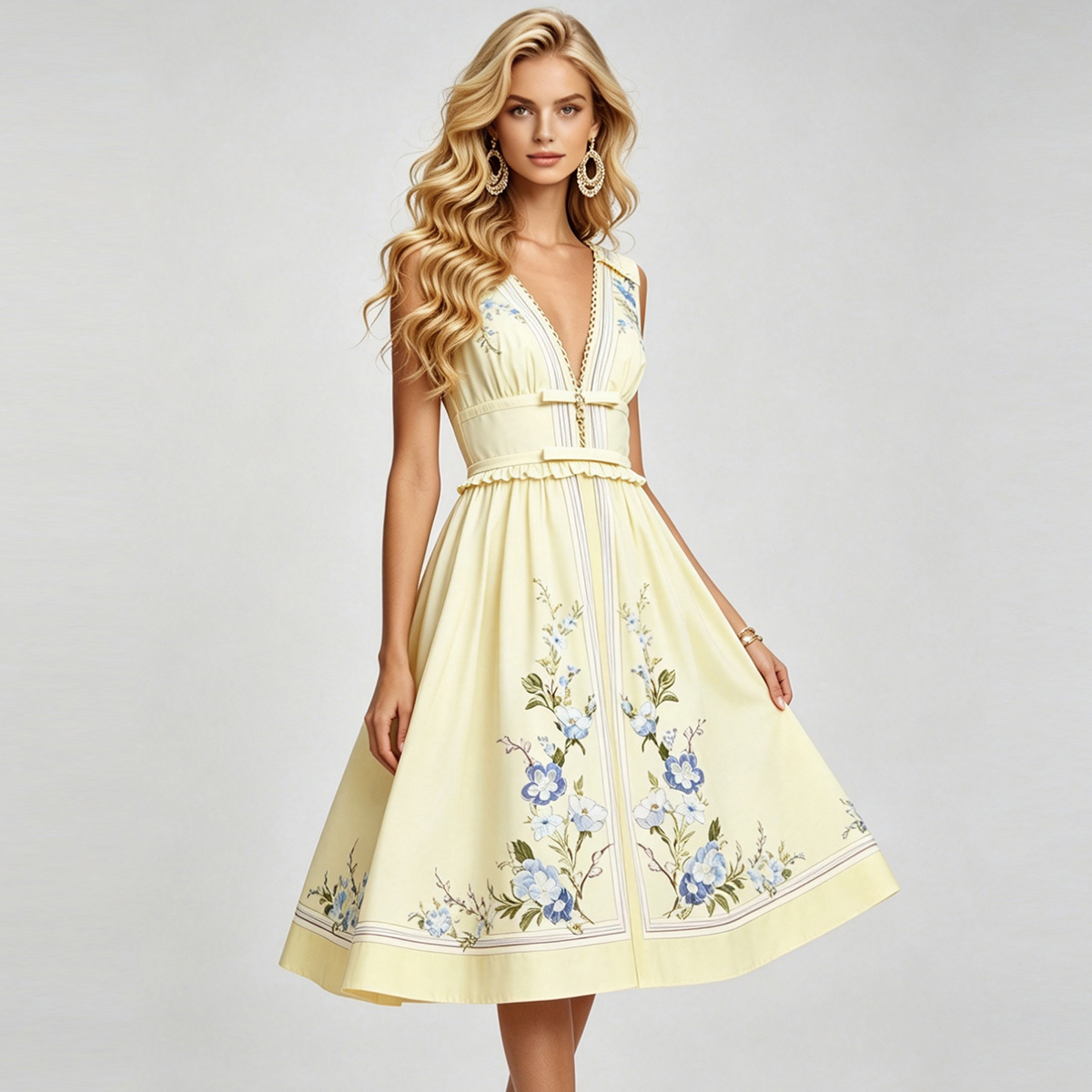 Real shot sexy V-neck bow ruffle hem slim fit waist cinching big swing dress sleeveless cotton linen A-line skirt Real shot sexy V-neck bow ruffle hem slim fit waist cinching big swing dress sleeveless cotton linen A-line skirt