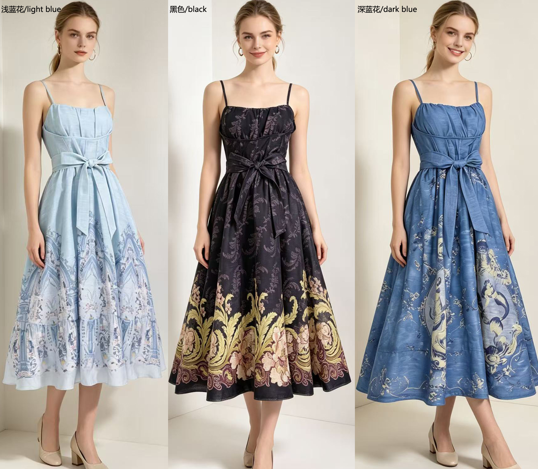 New retro printed sleeveless camisole high waisted dress for 2026 summer in Australia, suitable for vacation, large display, tea break, and long skirt New retro printed sleeveless camisole high waisted dress for 2026 summer in Australia, suitable for vacation, large display, tea break, and long skirt