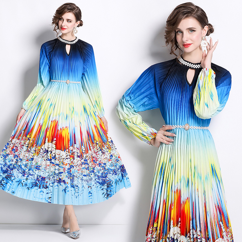 Original 2026 high-end nail bead positioning printed pleated pearl buckle pleated long skirt