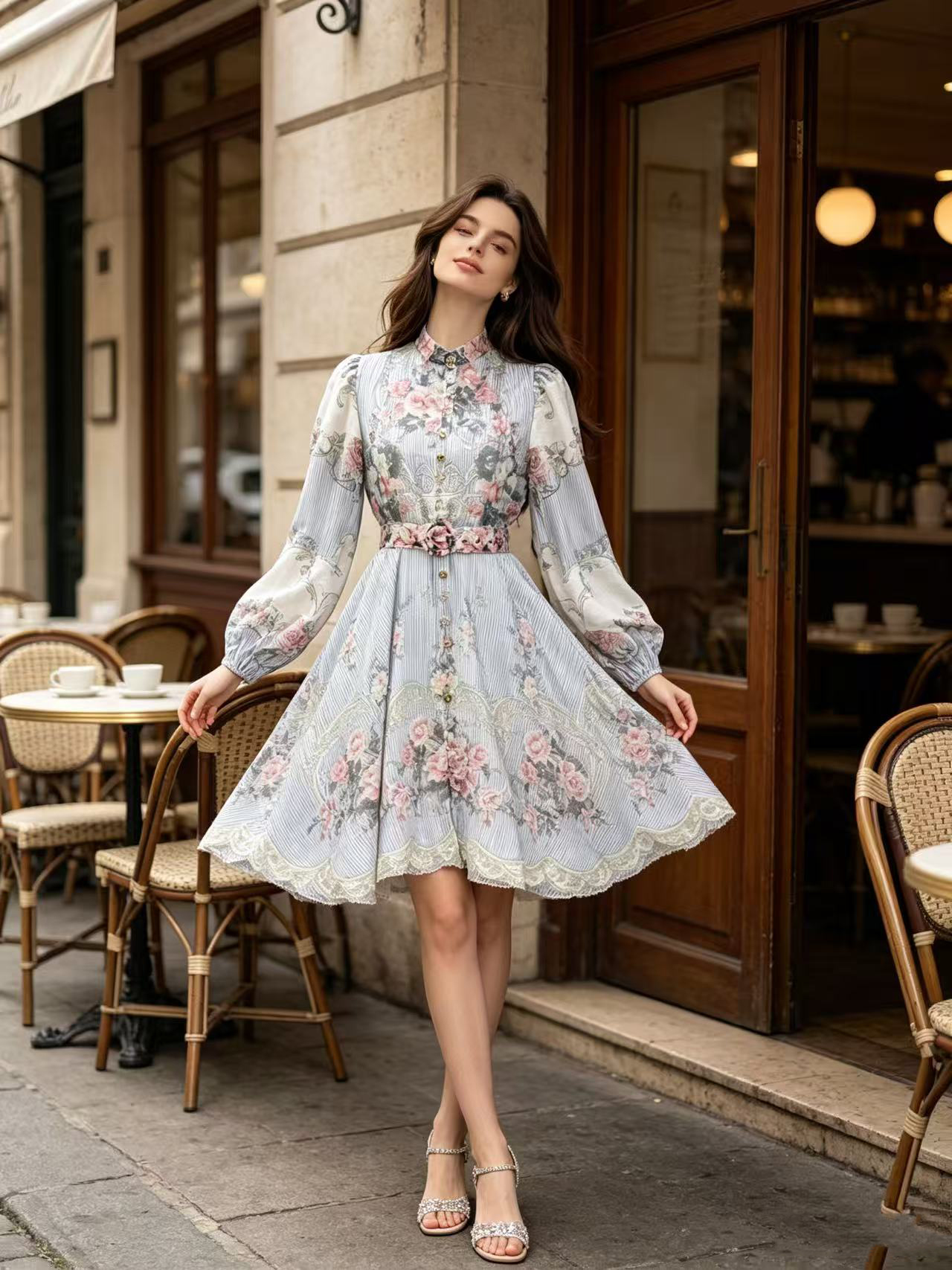 Australian light luxury early autumn new item positioning: printed stand collar lantern sleeves, waist cinching and slimming two-piece dress, short skirt Australian light luxury early autumn new item positioning: printed stand collar lantern sleeves, waist cinching and slimming two-piece dress, short skirt