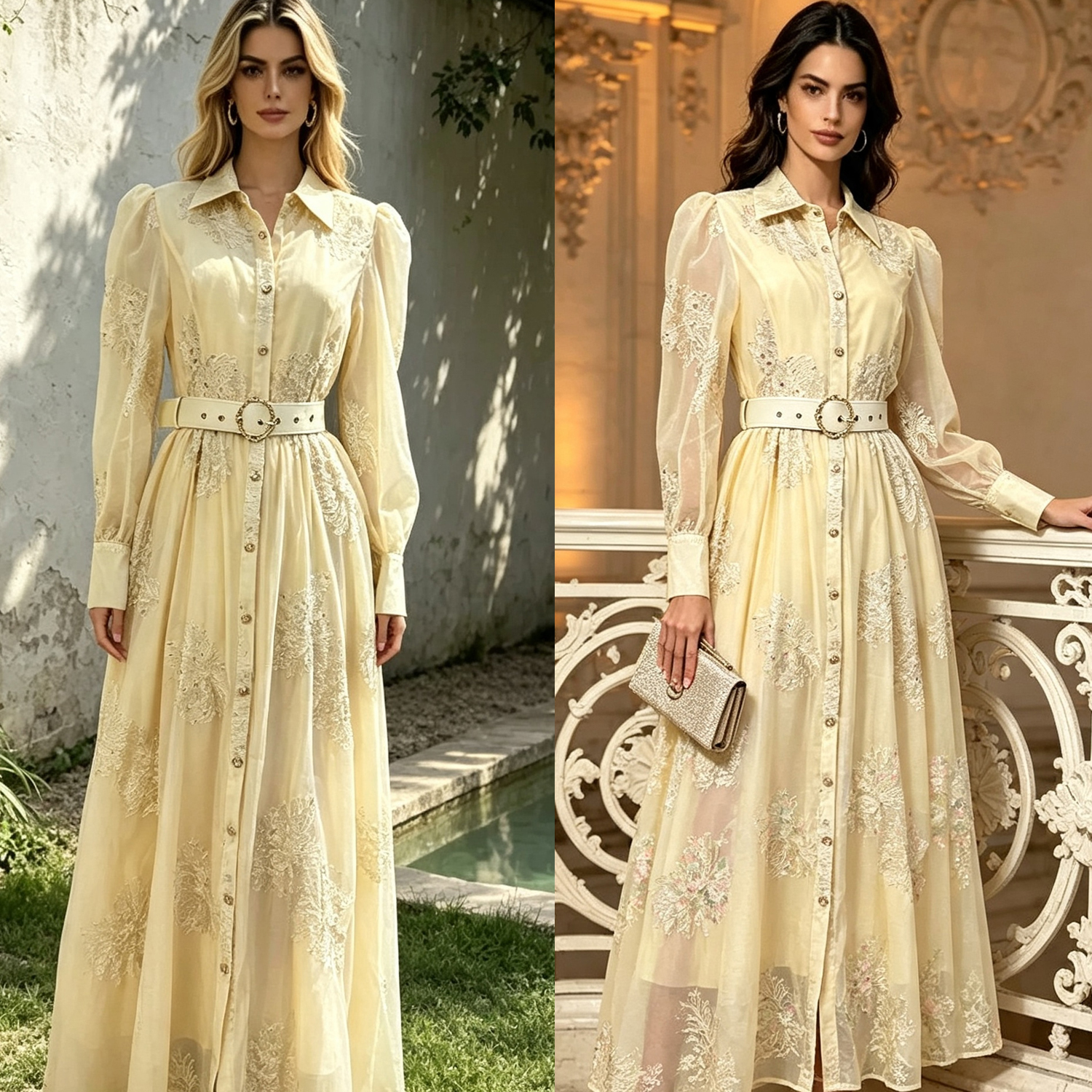 French retro lantern sleeve embroidered dress, women's formal dress, waist cinching slimming long sleeved temperament shirt, long skirt