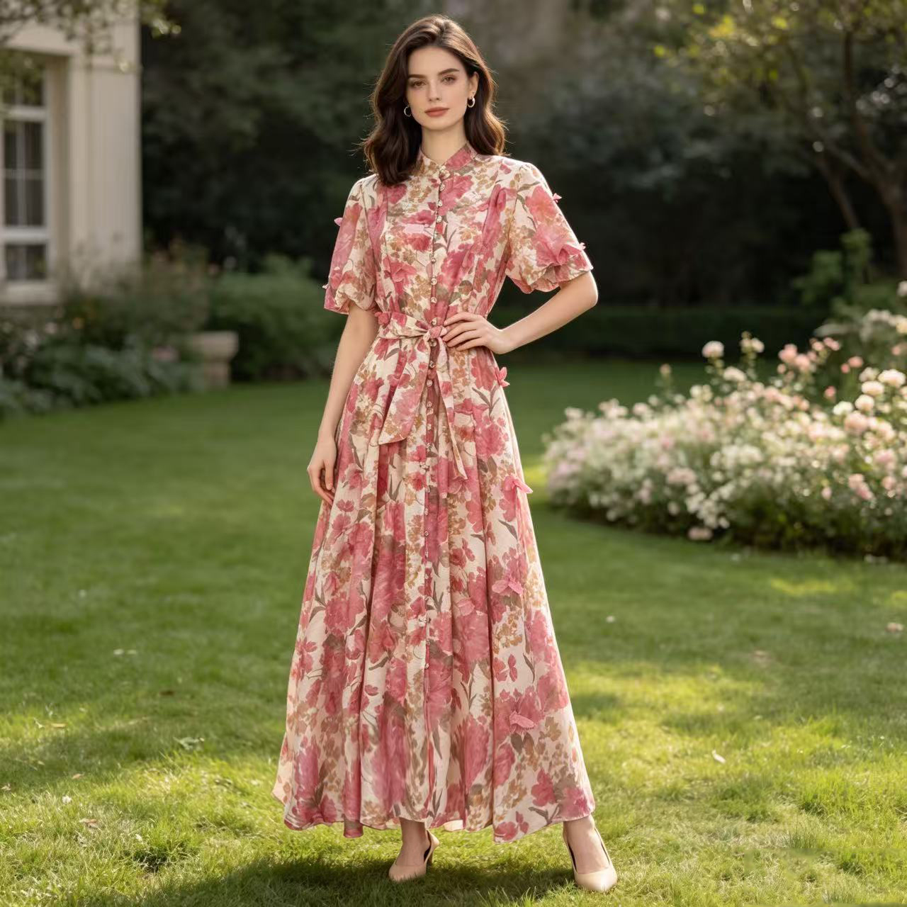 Australian new retro printed elegant socialite temperament heavy three-dimensional flower single breasted waist slimming dress Australian new retro printed elegant socialite temperament heavy three-dimensional flower single breasted waist slimming dress